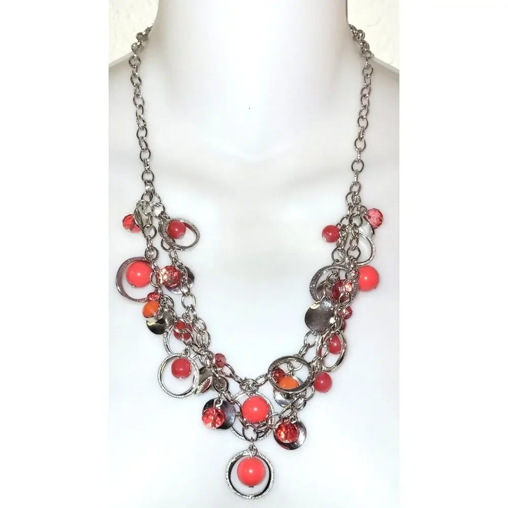 Red Glass Beaded Statement Necklace Clip On Earrings Set Multistrand Silvertone